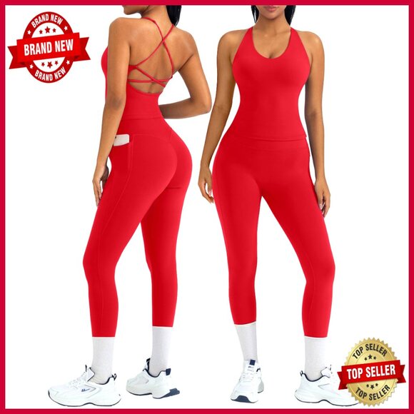 2-Piece Workout Set with Padded Top and Booty Leggings with Pockets